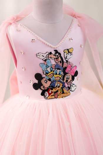 Ruchika Lath Label_Pink Satin, Tulle Mickey Clubhouse Tie-up Dress With Hair Accessory _at_Aza_Fashions