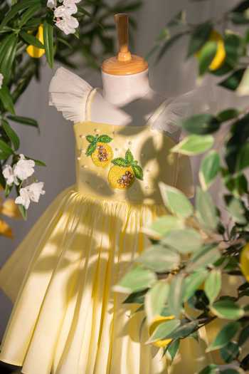 Shop Ruchika Lath Label Yellow Tulle, Taffeta Lemon Hand Embroidered Dress Online at Aza Fashions Shop_Ruchika Lath Label_Yellow Tulle, Taffeta Lemon Hand Embroidered Dress _Online_at_Aza_Fashions