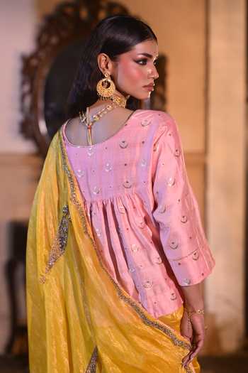 Shop Shorshe Clothing Pink Brocade V-neck Chandphool Kediya Blouse Shop_Shorshe Clothing_Pink Brocade V-neck Chandphool Kediya Blouse