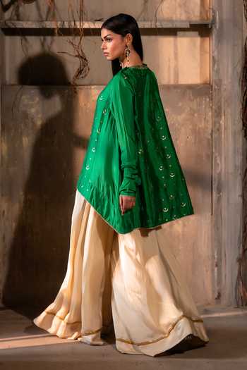 Shorshe Clothing Emerald Green Silk, Brocade Round Neck Chandphool Shabana Kurta And Gharara Set Online at Aza Fashions Shorshe Clothing_Emerald Green Silk, Brocade Round Neck Chandphool Shabana Kurta And Gharara Set _Online_at_Aza_Fashions
