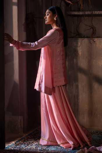 Shop Shorshe Clothing Pink Silk, Brocade Round Neck Chandphool Shabana Kurta With Gharara Online at Aza Fashions Shop_Shorshe Clothing_Pink Silk, Brocade Round Neck Chandphool Shabana Kurta With Gharara _Online_at_Aza_Fashions