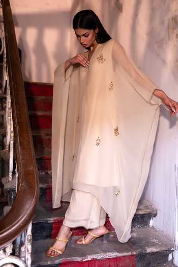 Buy_Shorshe Clothing_Ivory Chiffon V-neck Embroidered Kaftan With Pallazzo _Online_at_Aza_Fashions