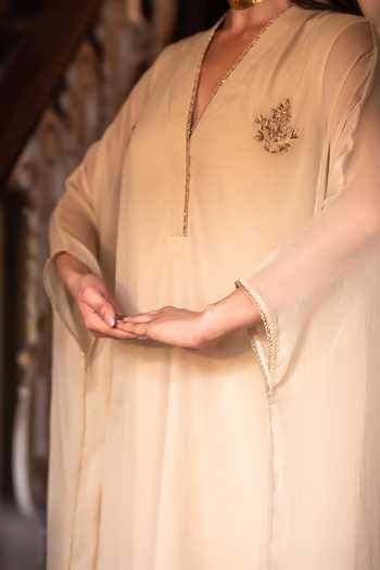 Shorshe Clothing_Ivory Chiffon V-neck Embroidered Kaftan With Pallazzo _at_Aza_Fashions