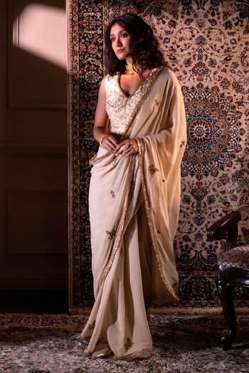 Shorshe Clothing Ivory Georgette Gota Phool Embroidered Saree at Aza Fashions Shorshe Clothing_Ivory Georgette Gota Phool Embroidered Saree _at_Aza_Fashions