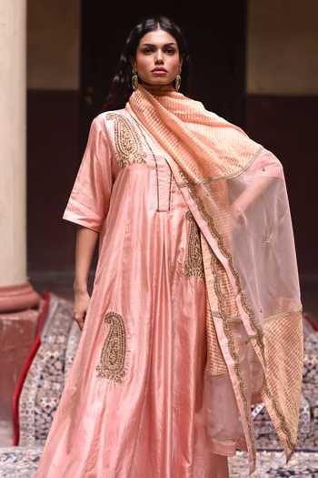 Shorshe Clothing_Pink Organza, Tissue Jalsa Diagonal Striped Dupatta _Online_at_Aza_Fashions