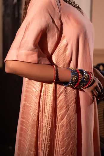 Shorshe Clothing Pink Chanderi, Tissue Round Neck, Yes Mehre Kurta With Striped Farshi Pant Online at Aza Fashions Shorshe Clothing_Pink Chanderi, Tissue Round Neck, Yes Mehre Kurta With Striped Farshi Pant _Online_at_Aza_Fashions