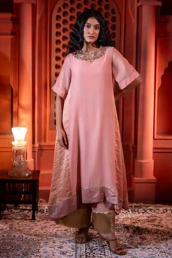 Shop Shorshe Clothing Pink Chanderi, Tissue Round Neck, Yes Mehre Kurta With Striped Farshi Pant Online at Aza Fashions Shop_Shorshe Clothing_Pink Chanderi, Tissue Round Neck, Yes Mehre Kurta With Striped Farshi Pant _Online_at_Aza_Fashions