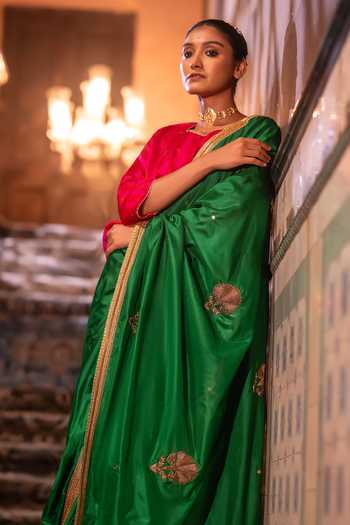 Shop Shorshe Clothing Green Silk Mughal Metallic Hand Embroidered Saree Online at Aza Fashions Shop_Shorshe Clothing_Green Silk Mughal Metallic Hand Embroidered Saree _Online_at_Aza_Fashions