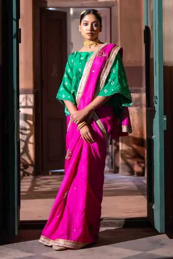 Buy_Shorshe Clothing_Pink Silk Mughal Embroidered Saree _Online_at_Aza_Fashions
