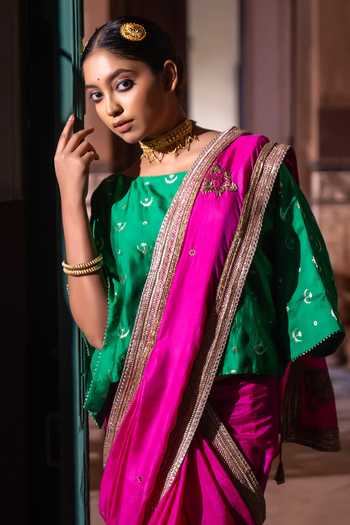 Shop_Shorshe Clothing_Pink Silk Mughal Embroidered Saree _Online_at_Aza_Fashions