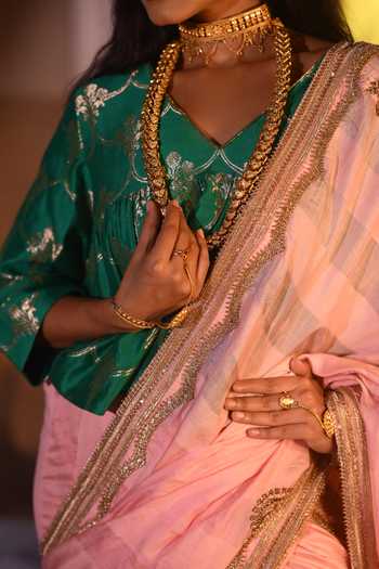Shop Shorshe Clothing Emerald Green Crepe, Brocade V-neck Mumtaz Kediya Blouse Online at Aza Fashions Shop_Shorshe Clothing_Emerald Green Crepe, Brocade V-neck Mumtaz Kediya Blouse _Online_at_Aza_Fashions