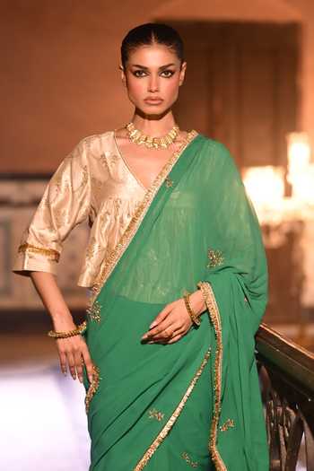 Shorshe Clothing_Gold Brocade V-neck Mumtaz Kediya Blouse _Online_at_Aza_Fashions