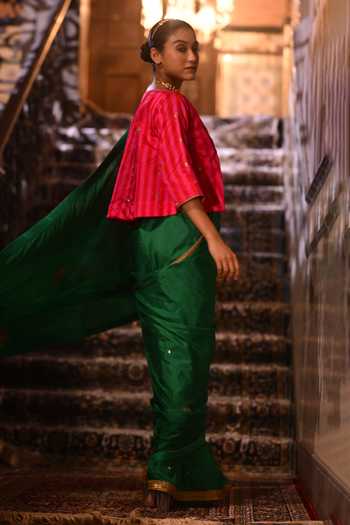 Shorshe Clothing_Pink Chanderi Silk Round Neck Reshma Striped Blouse _Online_at_Aza_Fashions