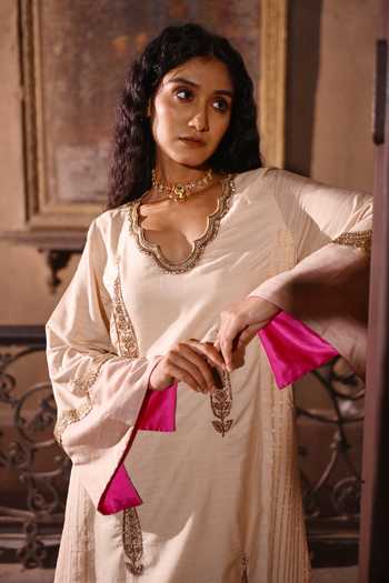 Shorshe Clothing Ivory Silk, Cotton, Handloom Cotton, Tussar V-neck Rumi Kali Kurta at Aza Fashions Shorshe Clothing_Ivory Silk, Cotton, Handloom Cotton, Tussar V-neck Rumi Kali Kurta _at_Aza_Fashions