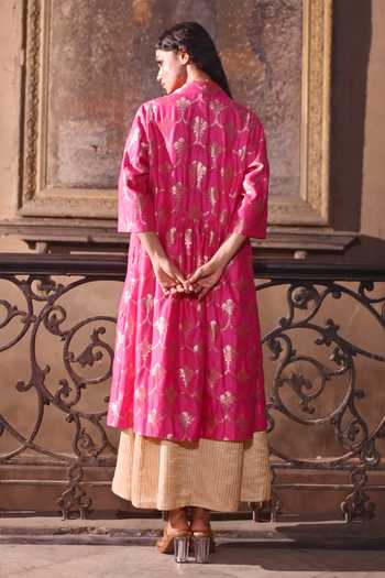 Shorshe Clothing Pink Brocade Open Neck Sally Jacket Online at Aza Fashions Shorshe Clothing_Pink Brocade Open Neck Sally Jacket _Online_at_Aza_Fashions