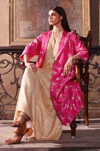 Buy Shorshe Clothing Pink Brocade Open Neck Sally Jacket Online at Aza Fashions Buy_Shorshe Clothing_Pink Brocade Open Neck Sally Jacket _Online_at_Aza_Fashions