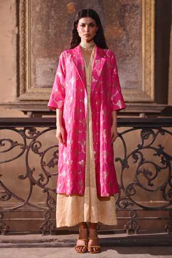 Shorshe Clothing Pink Brocade Open Neck Sally Jacket at Aza Fashions Shorshe Clothing_Pink Brocade Open Neck Sally Jacket _at_Aza_Fashions