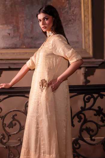 Shop Shorshe Clothing Ivory Tissue Split V-neck Shaheen Embellished Patchwork Striped Kurta Online at Aza Fashions Shop_Shorshe Clothing_Ivory Tissue Split V-neck Shaheen Embellished Patchwork Striped Kurta _Online_at_Aza_Fashions