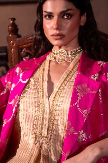 Shorshe Clothing Ivory Tissue Split V-neck Shaheen Embellished Patchwork Striped Kurta at Aza Fashions Shorshe Clothing_Ivory Tissue Split V-neck Shaheen Embellished Patchwork Striped Kurta _at_Aza_Fashions