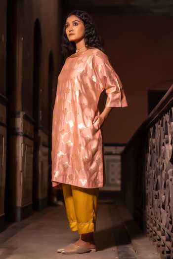 Shorshe Clothing Pink Silk, Modal, Brocade Round Neck Shahi Kurta With Yellow Cigarette Pant Online at Aza Fashions Shorshe Clothing_Pink Silk, Modal, Brocade Round Neck Shahi Kurta With Yellow Cigarette Pant _Online_at_Aza_Fashions