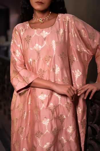 Buy Shorshe Clothing Pink Silk, Modal, Brocade Round Neck Shahi Kurta With Yellow Cigarette Pant Online at Aza Fashions Buy_Shorshe Clothing_Pink Silk, Modal, Brocade Round Neck Shahi Kurta With Yellow Cigarette Pant _Online_at_Aza_Fashions