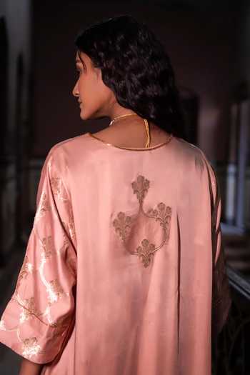 Shop Shorshe Clothing Pink Silk, Modal, Brocade Round Neck Shahi Kurta With Yellow Cigarette Pant Online at Aza Fashions Shop_Shorshe Clothing_Pink Silk, Modal, Brocade Round Neck Shahi Kurta With Yellow Cigarette Pant _Online_at_Aza_Fashions