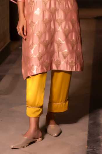 Shorshe Clothing Pink Silk, Modal, Brocade Round Neck Shahi Kurta With Yellow Cigarette Pant at Aza Fashions Shorshe Clothing_Pink Silk, Modal, Brocade Round Neck Shahi Kurta With Yellow Cigarette Pant _at_Aza_Fashions