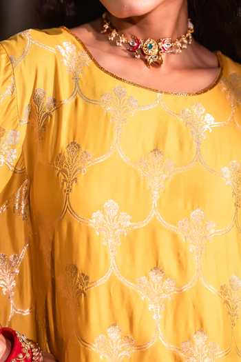 Shorshe Clothing Yellow Silk, Modal, Brocade Round Shahi Kurta With Dusty Pink Cigarette Pant at Aza Fashions Shorshe Clothing_Yellow Silk, Modal, Brocade Round Shahi Kurta With Dusty Pink Cigarette Pant _at_Aza_Fashions