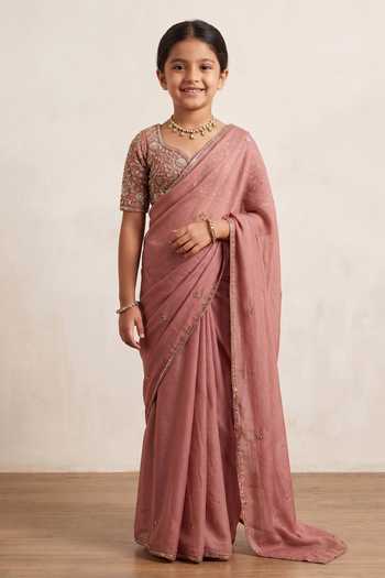 Zoon Aari Blossom Embroidered Pre-Draped Saree Set For Kids
