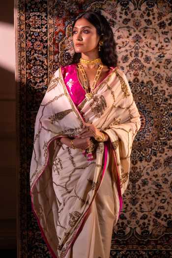 Shorshe Clothing Ivory Chanderi Shalimaar Saree at Aza Fashions Shorshe Clothing_Ivory Chanderi Shalimaar Saree _at_Aza_Fashions