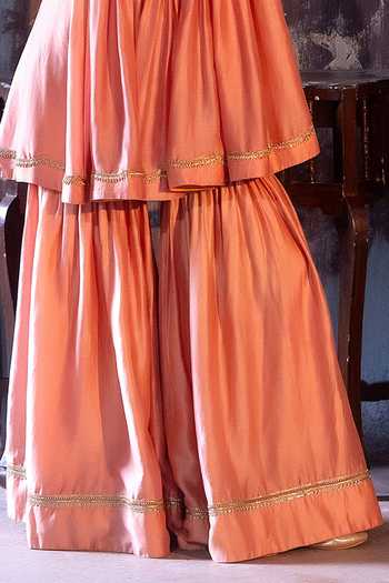 Shorshe Clothing Pink Chanderi Round Neck Short Vani Choga Kurta With Sharara Online at Aza Fashions Shorshe Clothing_Pink Chanderi Round Neck Short Vani Choga Kurta With Sharara _Online_at_Aza_Fashions