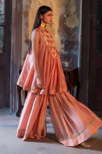 Shorshe Clothing Pink Chanderi Round Neck Short Vani Choga Kurta With Sharara at Aza Fashions Shorshe Clothing_Pink Chanderi Round Neck Short Vani Choga Kurta With Sharara _at_Aza_Fashions