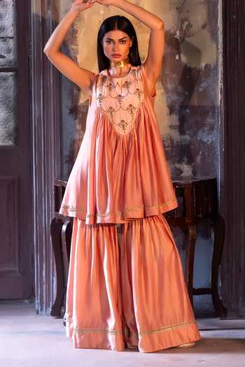 Buy Shorshe Clothing Pink Chanderi Round Neck Short Vani Choga Kurta With Sharara Buy_Shorshe Clothing_Pink Chanderi Round Neck Short Vani Choga Kurta With Sharara