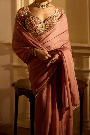 Zoon Pink Blouse Net, Lining Crepe, Pre-draped Saree Blossom Embroidered Set For Kids Online at Aza Fashions Zoon_Pink Blouse Net, Lining Crepe, Pre-draped Saree Blossom Embroidered Set For Kids_Online_at_Aza_Fashions