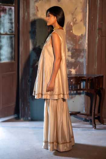 Shorshe Clothing Ivory Chanderi Round Neck, Yes Short Vani Choga Kurta And Sharara Set Online at Aza Fashions Shorshe Clothing_Ivory Chanderi Round Neck, Yes Short Vani Choga Kurta And Sharara Set _Online_at_Aza_Fashions