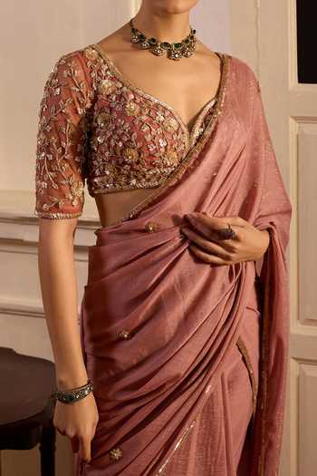 Buy Zoon Pink Blouse Net, Lining Crepe, Pre-draped Saree Blossom Embroidered Set For Kids Online at Aza Fashions Buy_Zoon_Pink Blouse Net, Lining Crepe, Pre-draped Saree Blossom Embroidered Set For Kids_Online_at_Aza_Fashions