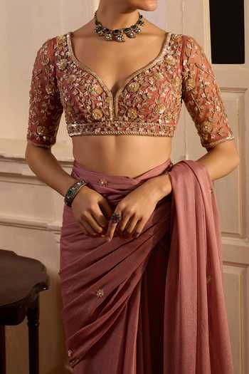 Shop Zoon Pink Blouse Net, Lining Crepe, Pre-draped Saree Blossom Embroidered Set For Kids Online at Aza Fashions Shop_Zoon_Pink Blouse Net, Lining Crepe, Pre-draped Saree Blossom Embroidered Set For Kids_Online_at_Aza_Fashions