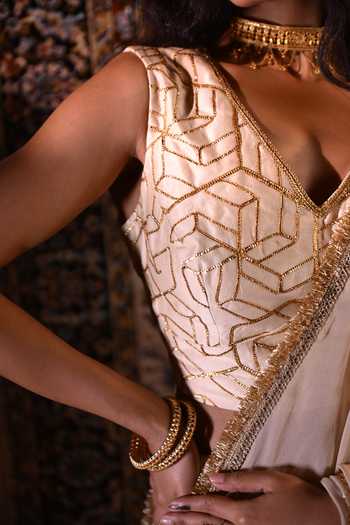 Shorshe Clothing_Ivory Chanderi V-neck Sleeveless Octa Gota Work Blouse _Online_at_Aza_Fashions