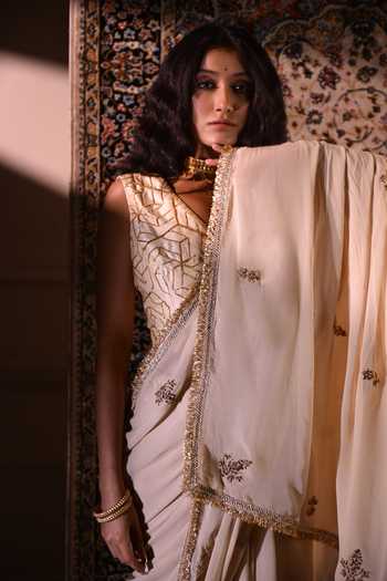 Buy_Shorshe Clothing_Ivory Chanderi V-neck Sleeveless Octa Gota Work Blouse _Online_at_Aza_Fashions