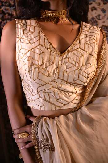 Shop_Shorshe Clothing_Ivory Chanderi V-neck Sleeveless Octa Gota Work Blouse _Online_at_Aza_Fashions