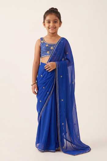 Zoon Aari Bloom Embroidered Pre-Draped Saree Set For Kids
