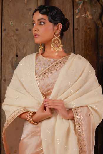 Geroo Jaipur_Beige Jaal Embroidered Shawl _Online_at_Aza_Fashions