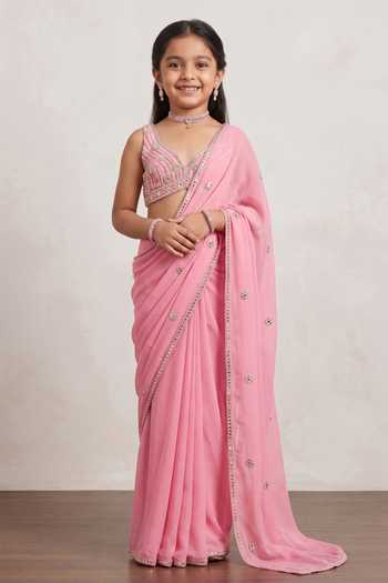 Zoon Aari Sequin Bloom Embroidered Pre-Draped Saree with Blouse For Kids