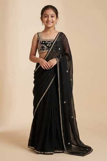 Zoon Aari Floral Embroidered Pre-Draped Saree Set For Kids