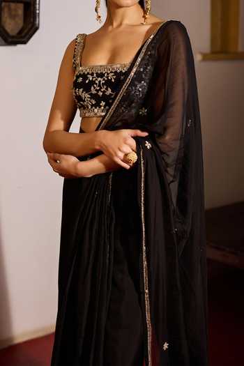 Zoon Black Blouse Crepe, Lining Crepe, Saree Floral Embroidered Pre-draped Set For Kids Online at Aza Fashions Zoon_Black Blouse Crepe, Lining Crepe, Saree Floral Embroidered Pre-draped Set For Kids_Online_at_Aza_Fashions