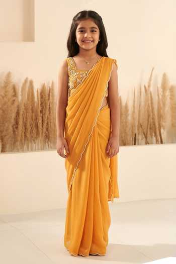 Zoon Pre-Draped Saree With Hand Embroidered Blouse For Kids