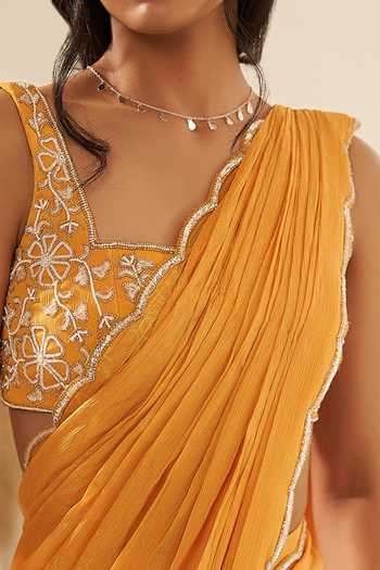 Zoon Yellow Soft Georgette Aari, Bead Pre-draped Saree With Hand Embroidered Blouse For Kids Online at Aza Fashions Zoon_Yellow Soft Georgette Aari, Bead Pre-draped Saree With Hand Embroidered Blouse For Kids_Online_at_Aza_Fashions