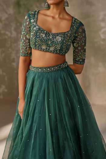 Buy Zoon Emerald Green Lining Crepe, Pure Silk Organza Scattered Embroidered Skirt Set For Kids Online at Aza Fashions Buy_Zoon_Emerald Green Lining Crepe, Pure Silk Organza Scattered Embroidered Skirt Set For Kids_Online_at_Aza_Fashions