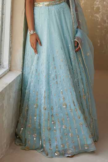 Zoon_Blue Lining Crepe, Pure Silk Organza Sequin, Thread, Aari Work Lehenga Set For Kids_Online_at_Aza_Fashions