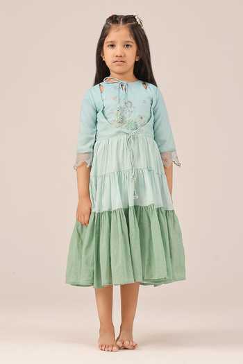 Buy_OurDve_Blue Linen Sea Salt Embroidered Bodice Dress _Online_at_Aza_Fashions